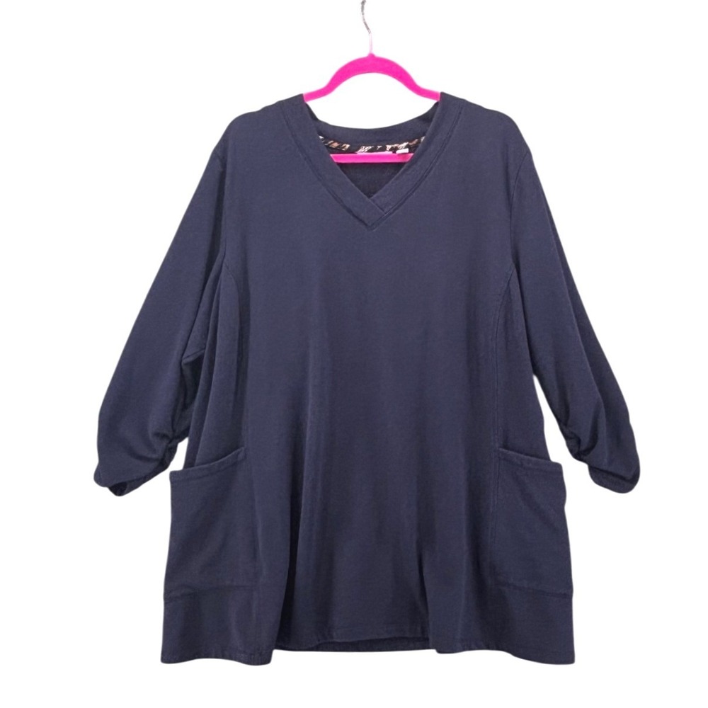 Susan Graver Womens Tunic Size 2X Blue Fleece Ruched Sleeve Pocket Sweatshirt